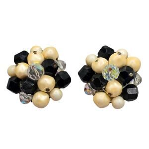Earrings Vintage Laguna Pompom Cluster Style Iridescent AB Beads Clip On SKU3174
